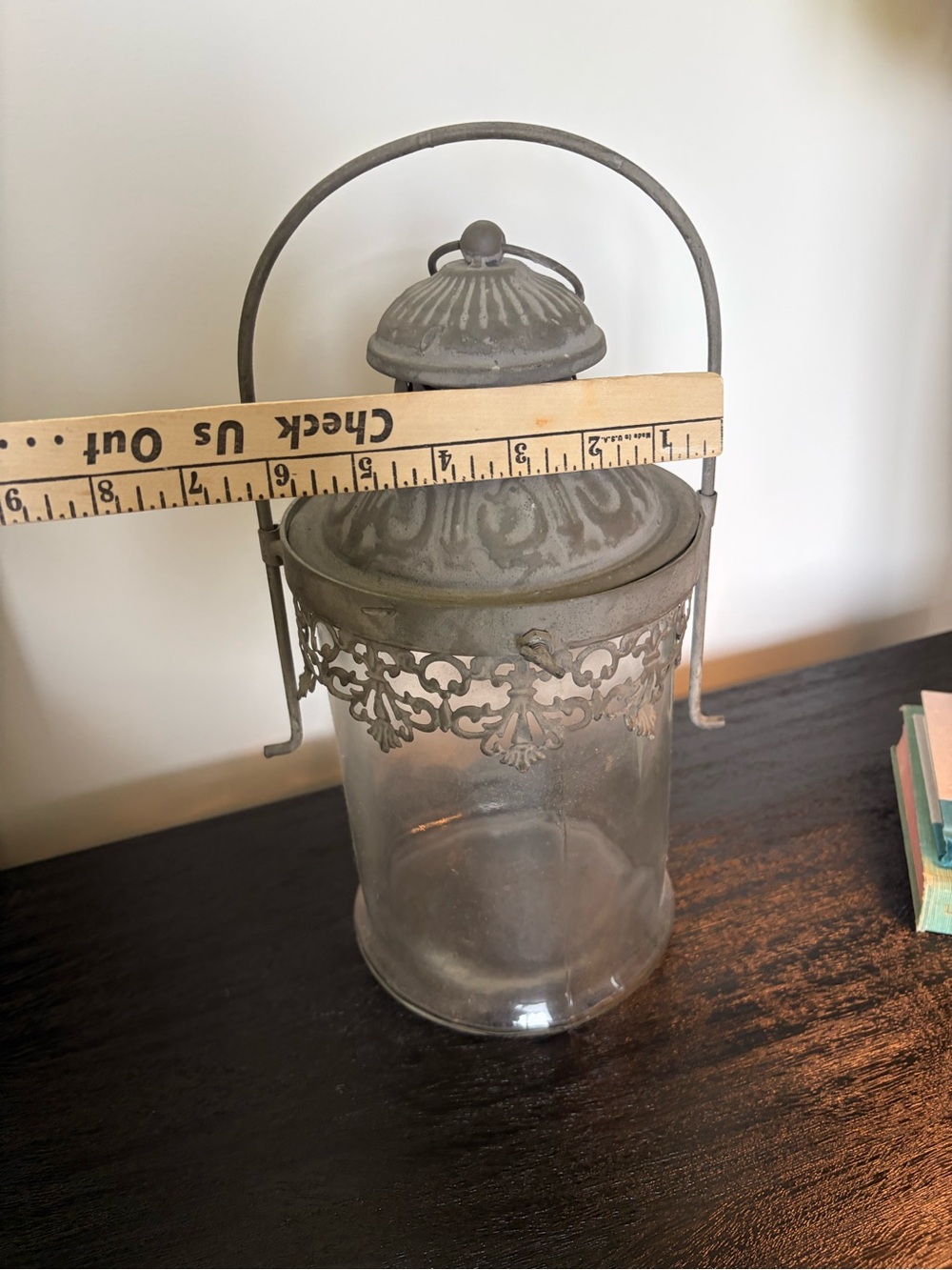 Decorative Glass Lantern with Ornate Gray Metal Top - Unbranded - Picture 3 of 3